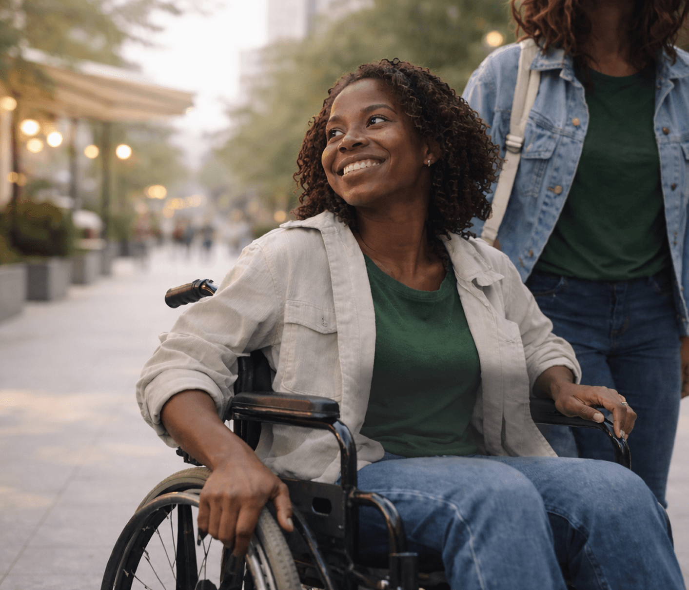 Community member using a wheelchair outdoors with a companion nearby
